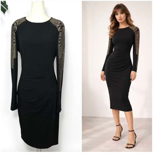 Cache Dresses & Skirts - Caché Embellished Sleeve Midi Dress with Gold Stud Detail
